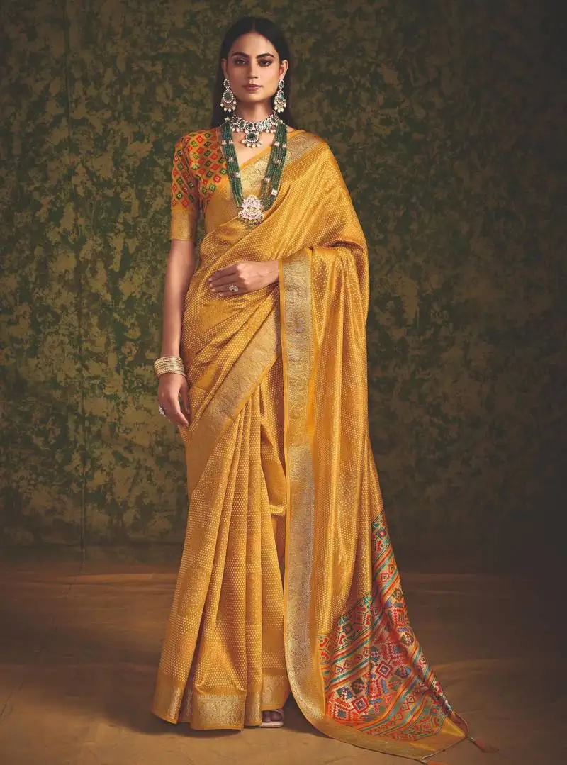Yellow-firoji velvet tussar silk blend foilprint saree with unstitched blouse