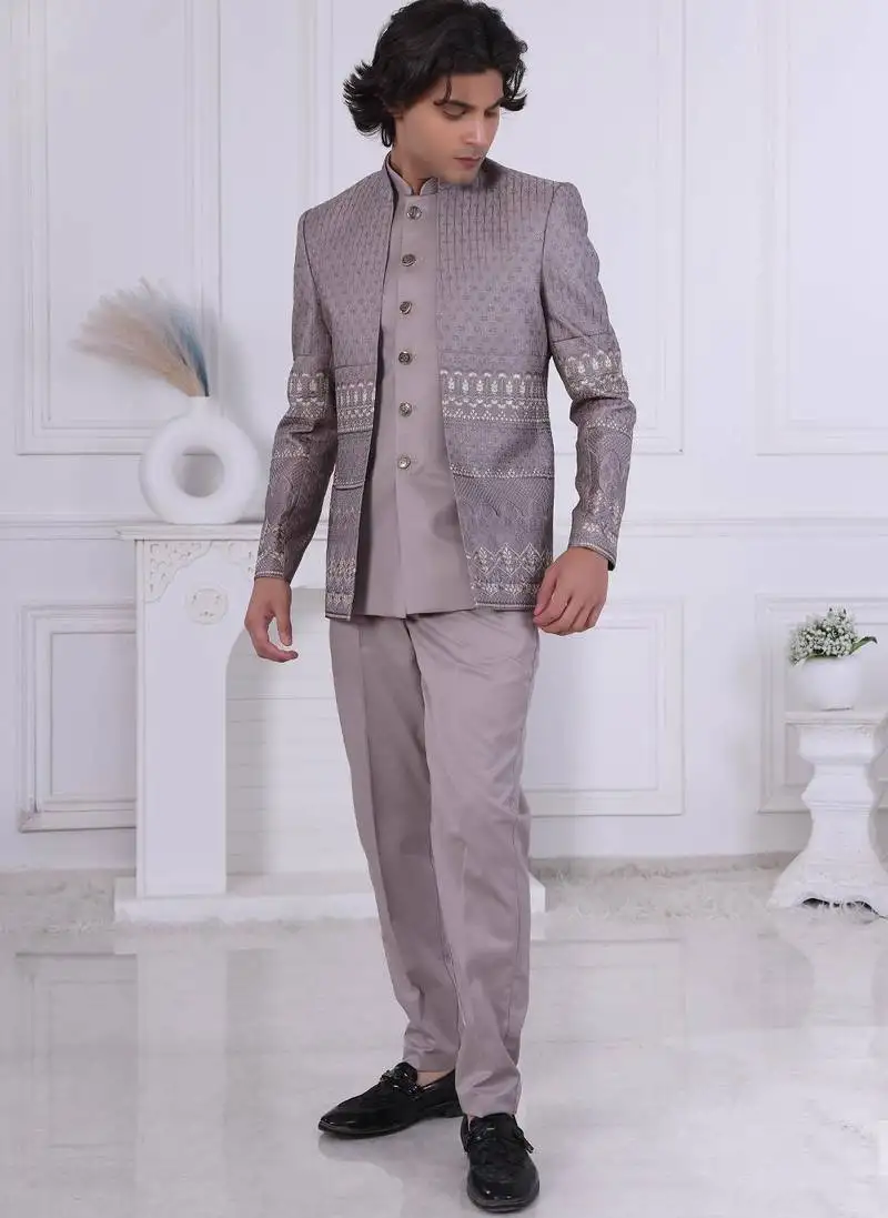 Brown silk embroidered indo western for mens