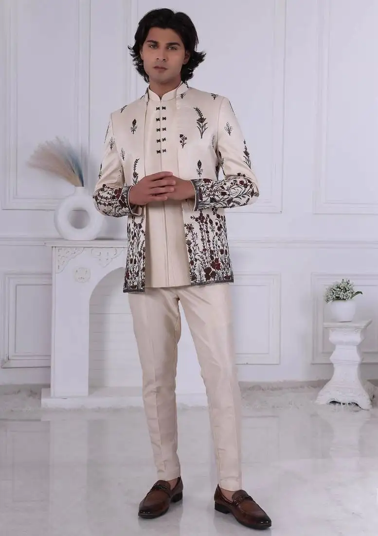 Beige silk embroidered indo western for mens