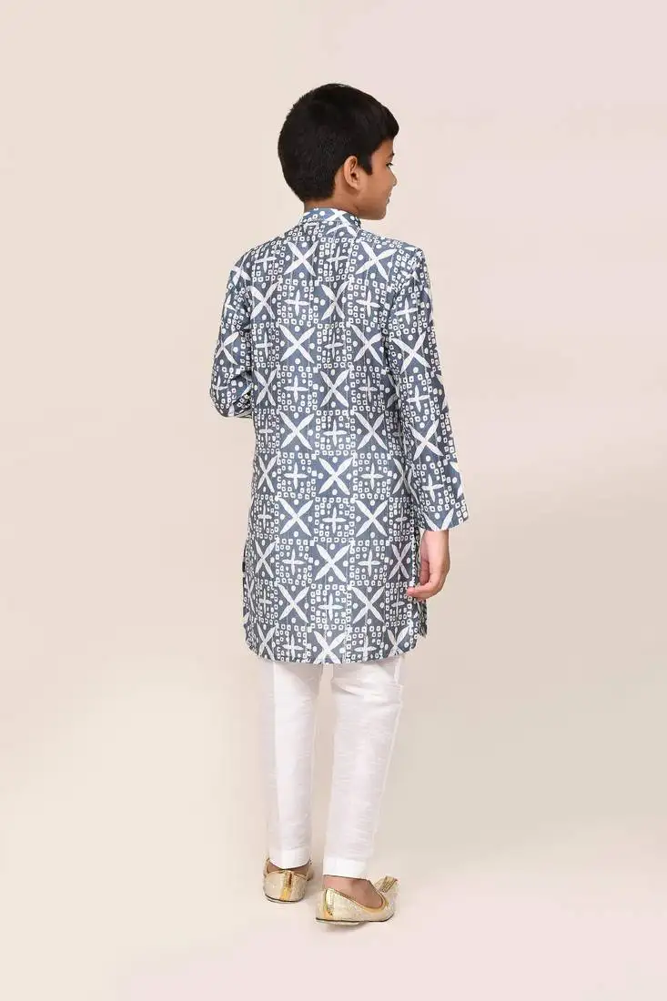 Kids boy navy blue silk straight kurta pant set