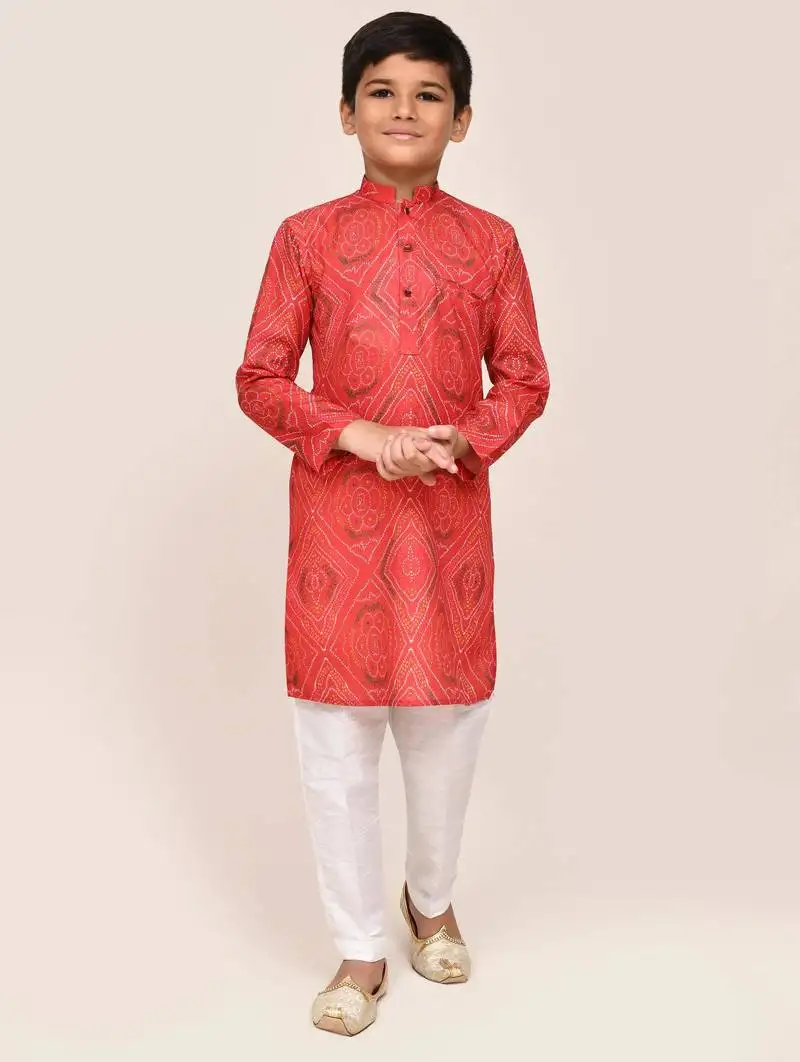 Kids boy red cotton straight kurta pant set