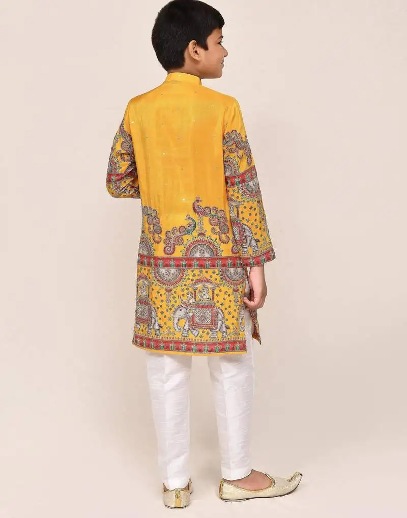 Kids boy yellow silk straight kurta pant set