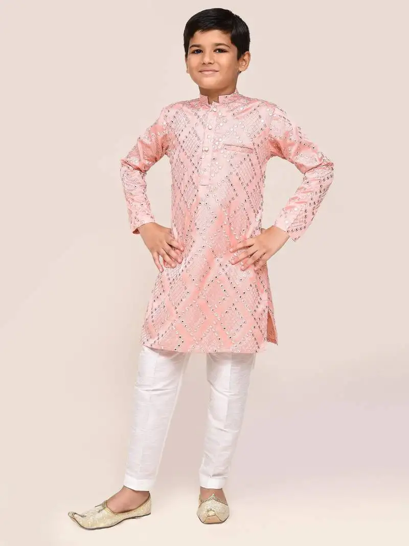 Kids boy pink silk straight kurta pant set