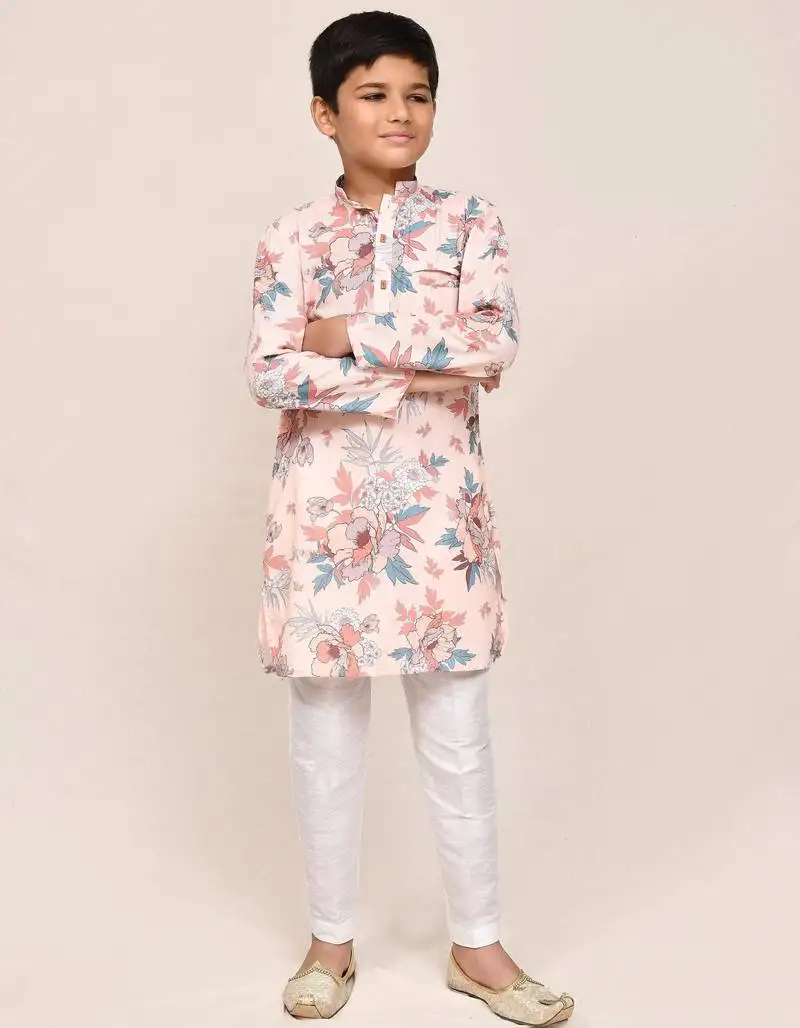 Kids boy peach cotton silk straight kurta pant set