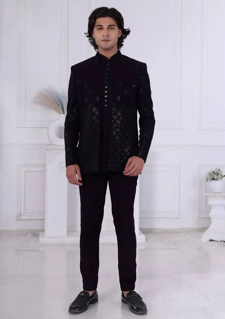 Blak silk embroidered bandhgala for mens