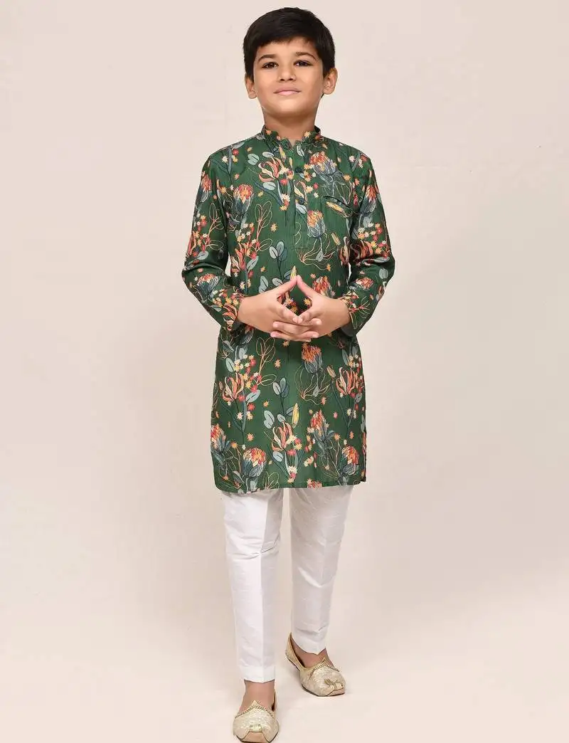 Kids boy green cotton silk straight kurta pant set
