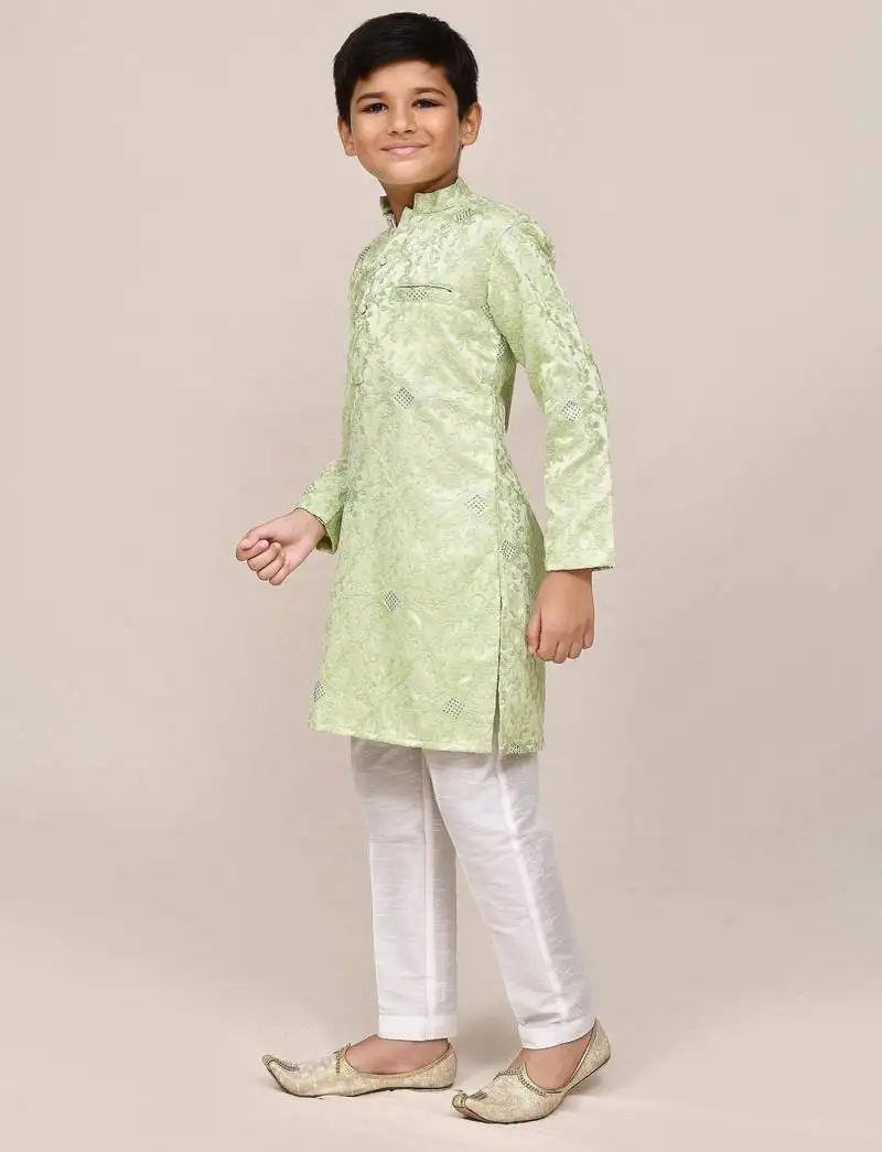 Kids boy pistal green giza cotton straight kurta pant set