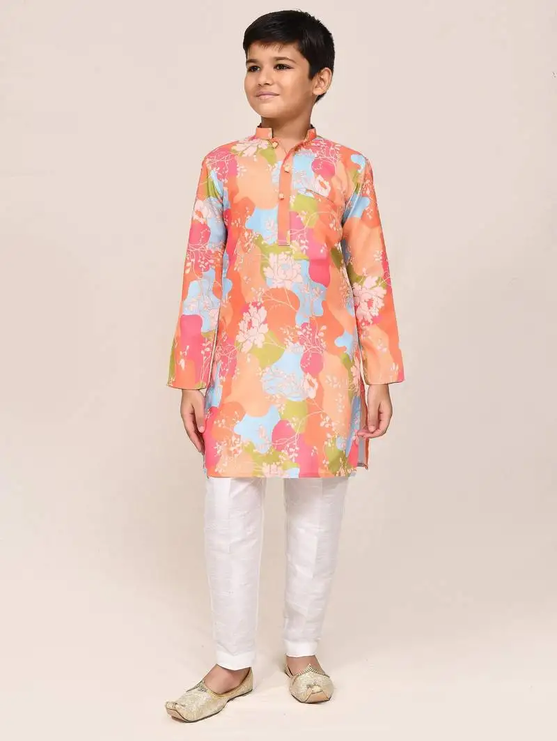Kids boy multicolour linen cotton straight kurta pant set
