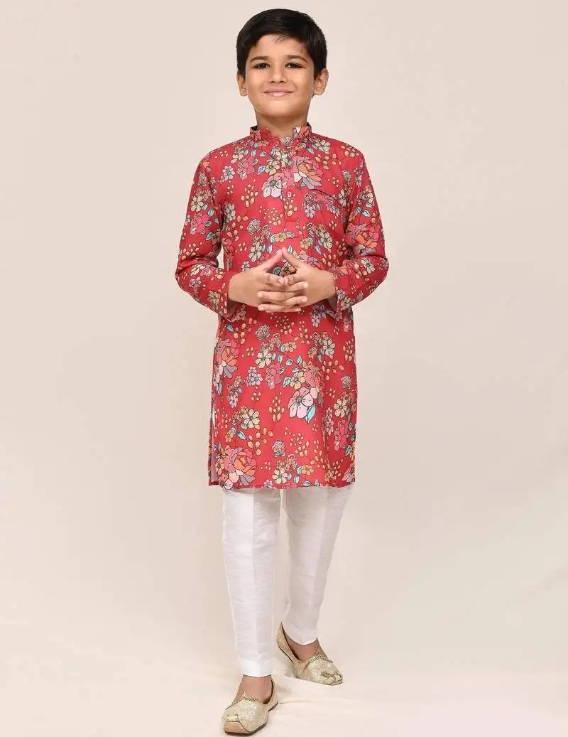 Kids boy red cotton silk straight kurta pant set