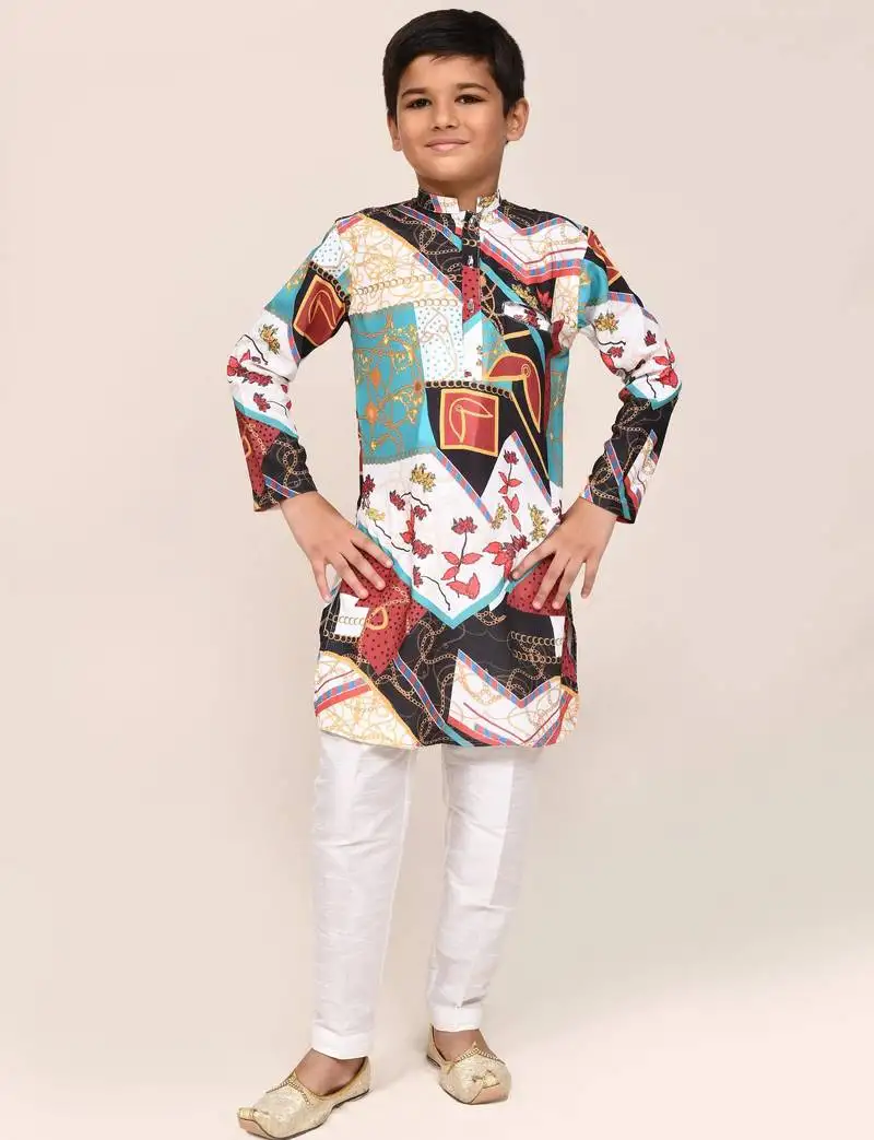 Kids boy multicolour cotton silk straight kurta pant set
