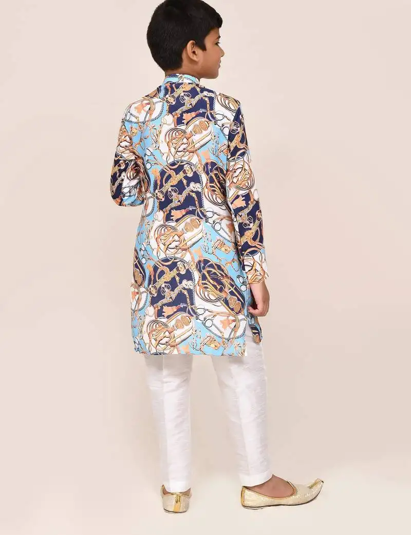 Kids boy multicolor cotton silk straight kurta pant set