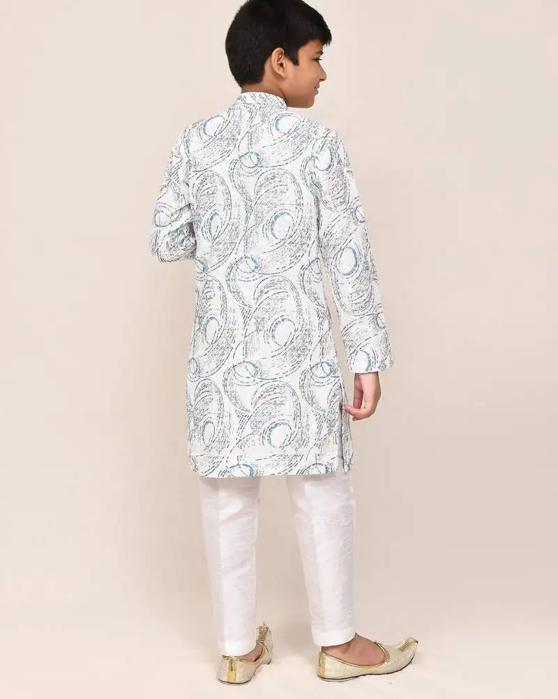 Kids boy white cotton based full embriodered work straight kurta pant set