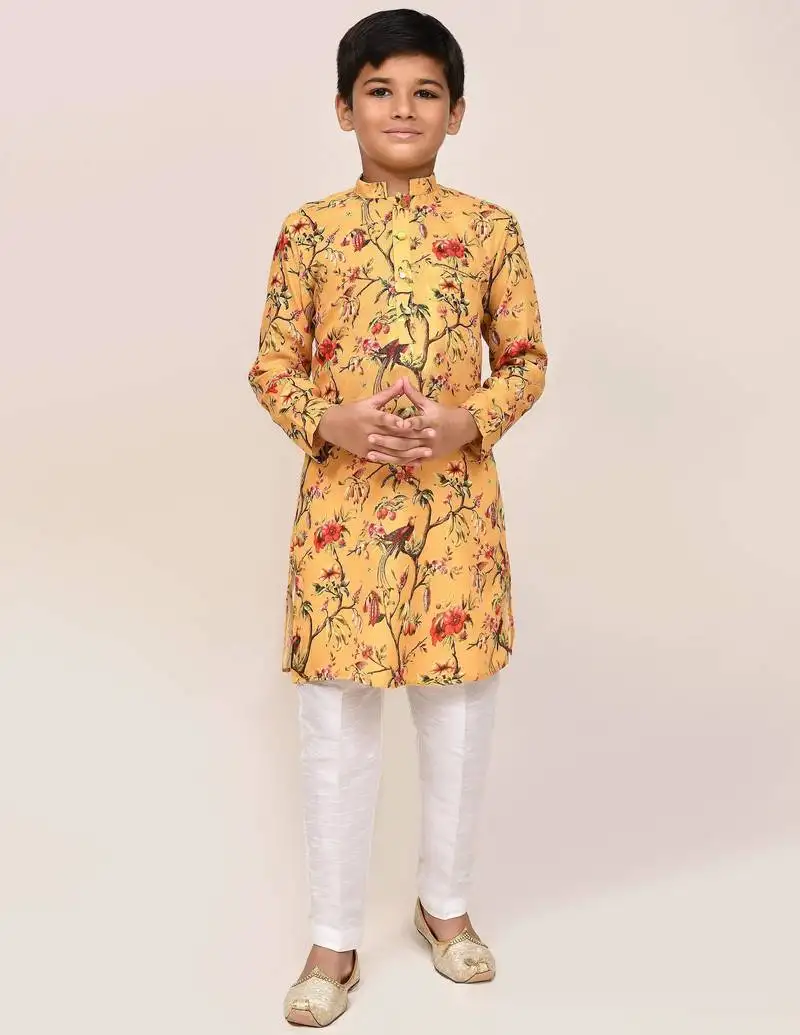 Kids boy yellow linen cotton straight kurta pant set
