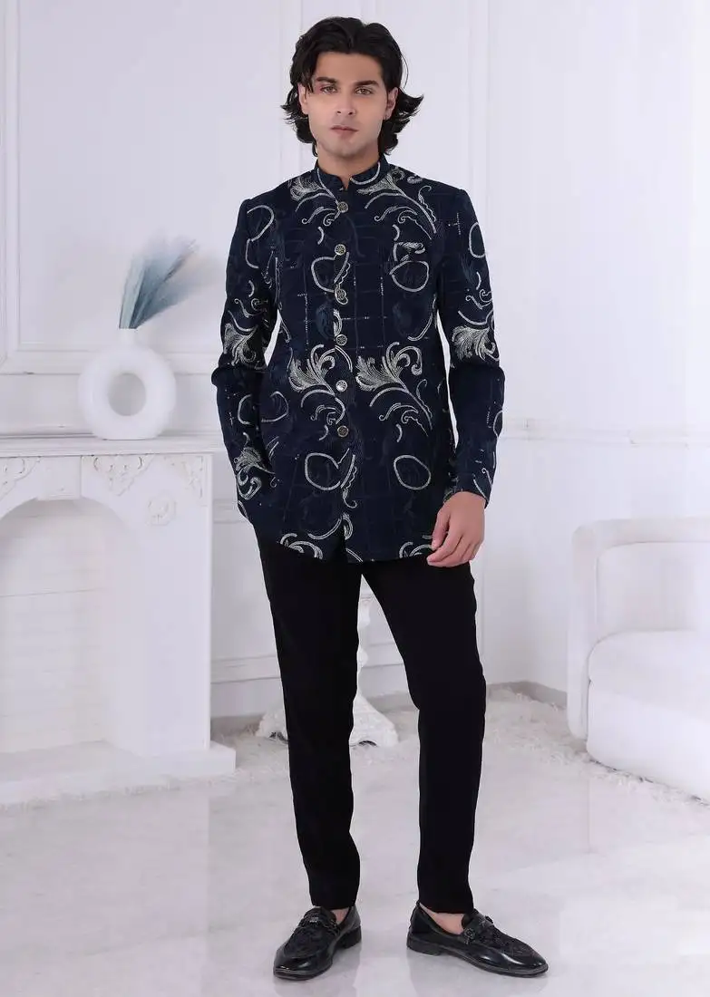 Blue silk embroidered bandhgala for mens