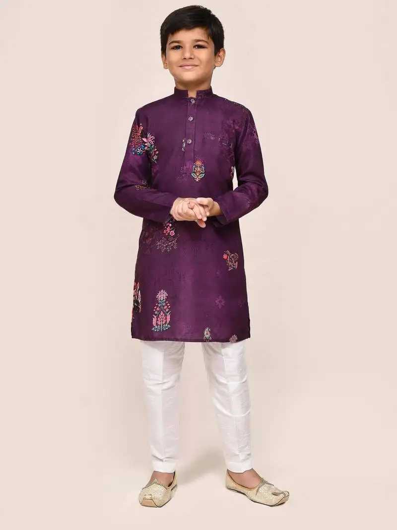 Kids boy purple art silk straight kurta pant set