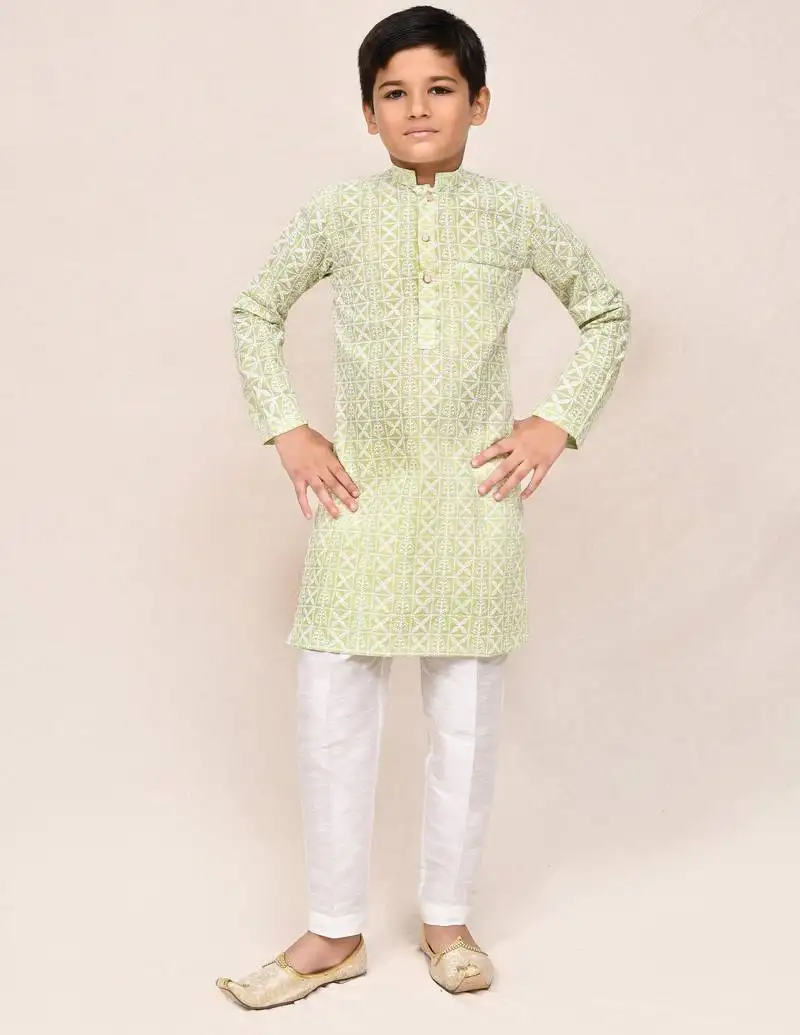 Kids boy pastel green cotton straight kurta pant set