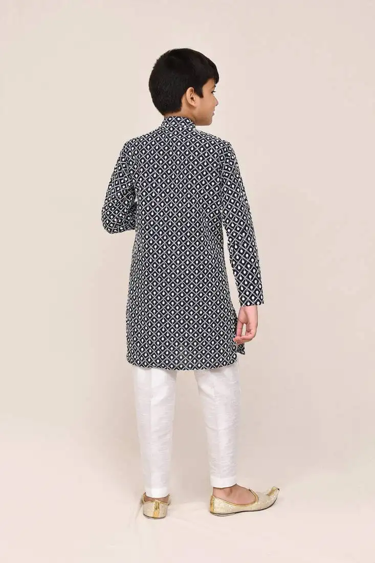 Kids boy navy blue cotton straight kurta pant set