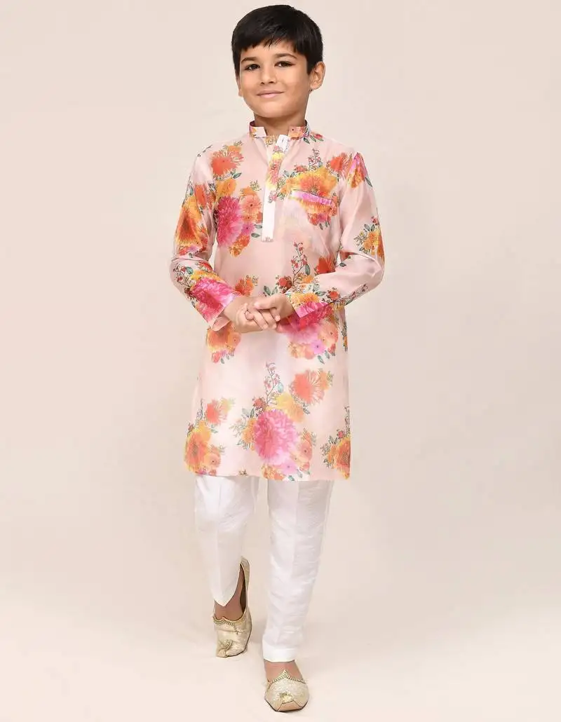 Kids boy peach georgette straight kurta pant set