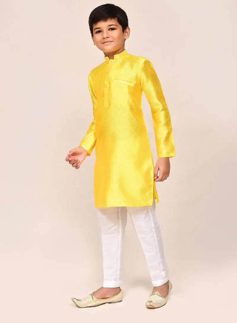 Kids boy yellow cotton silk straight kurta pant set