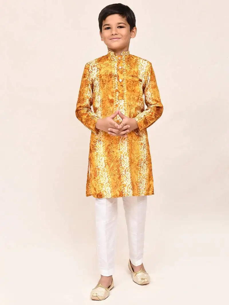 Kids boy musturd silk straight kurta pant set