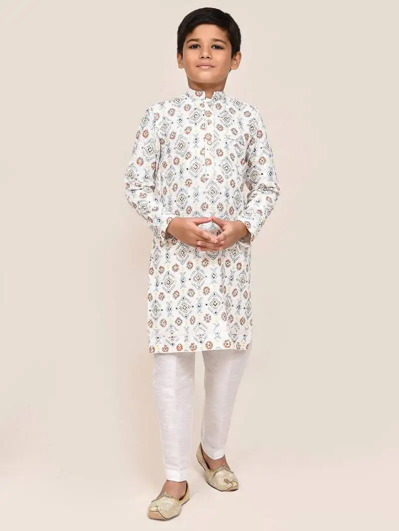 Kids boy white cotton straight kurta pant set