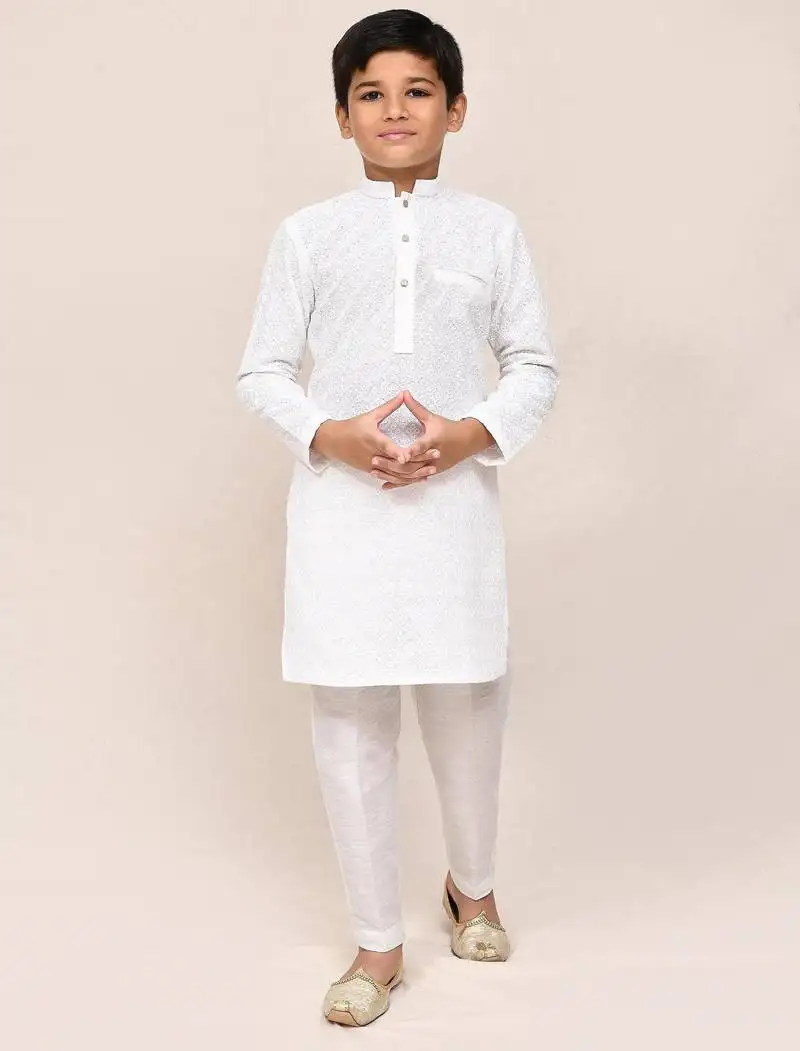 Kids boy white pure linen straight kurta pant set