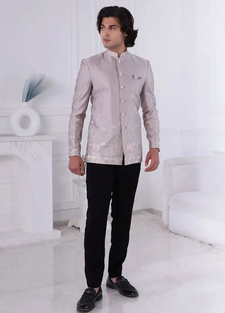 Grey silk embroidered bandhgala for mens
