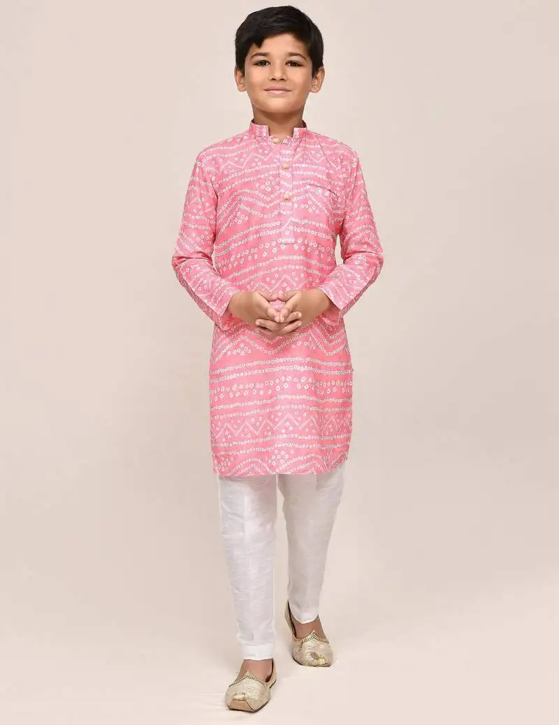 Kids boy pink cotton silk straight kurta pant set