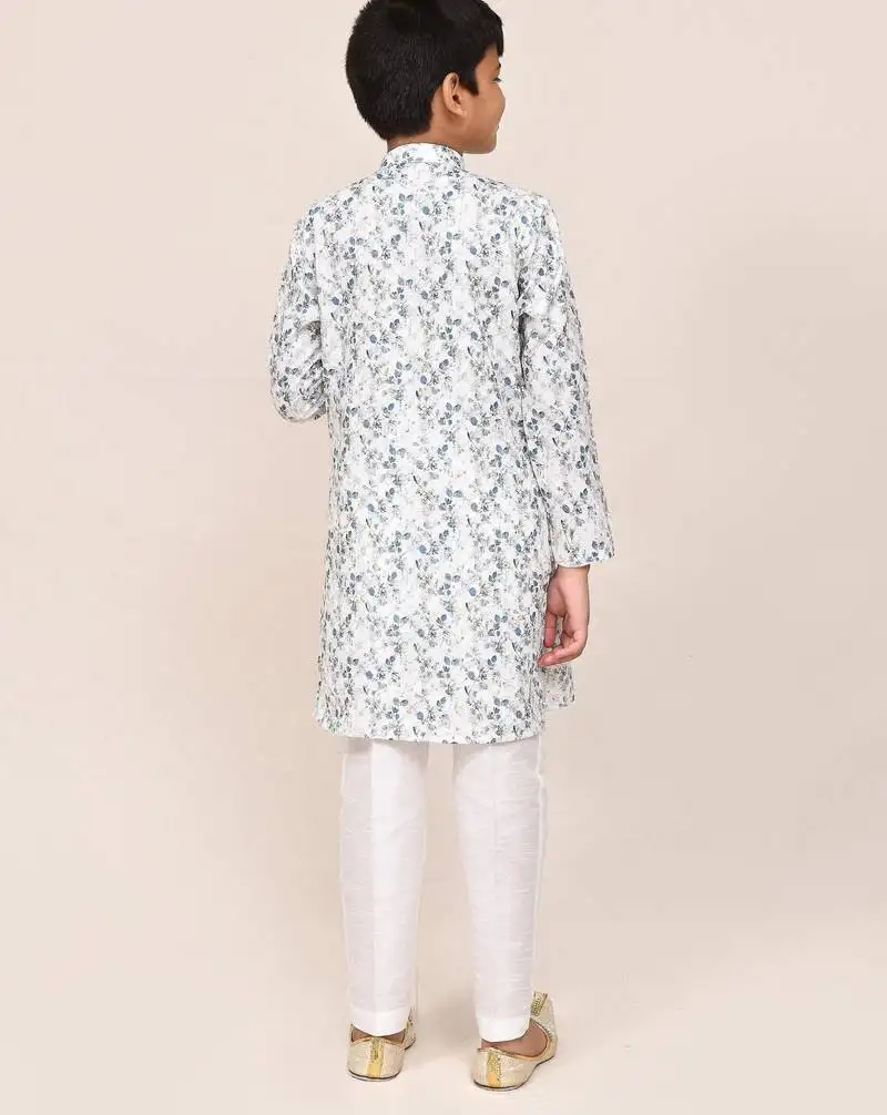 Kids boy white printed cotton straight kurta pant set