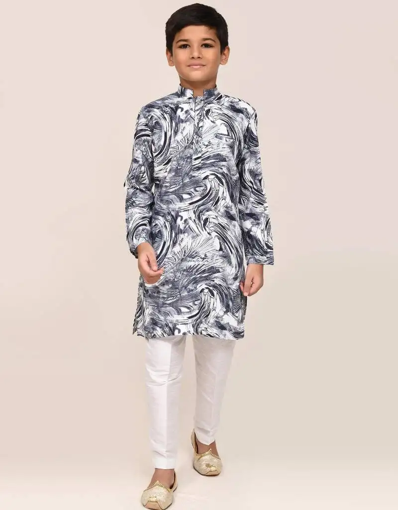 Kids boy grey cotton straight kurta pant set