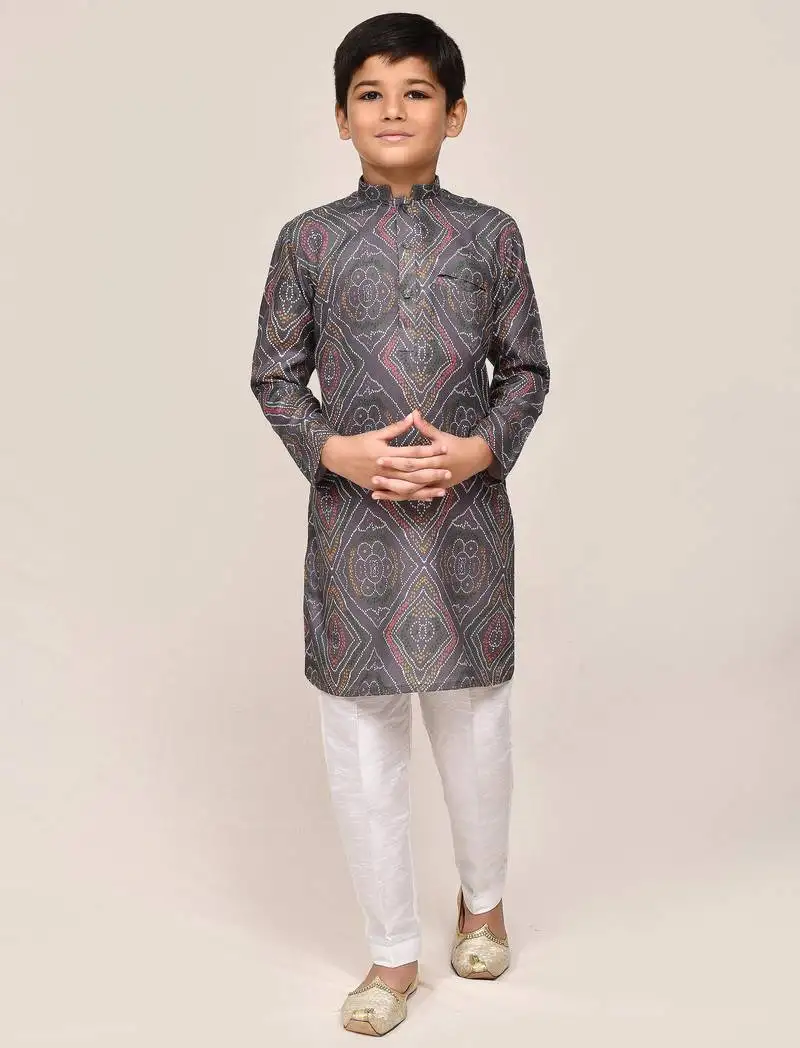 Kids boy grey linen cotton straight kurta pant set