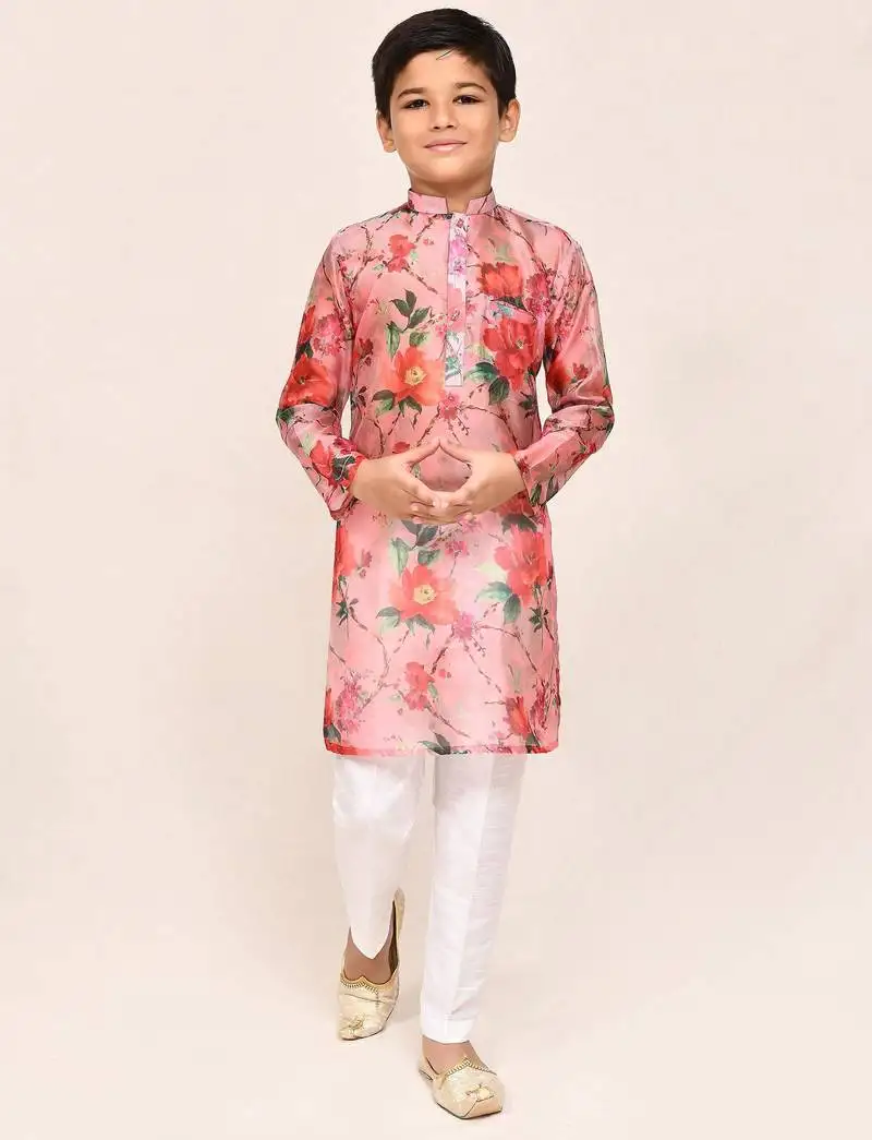 Kids boy peach grorgette straight kurta pant set
