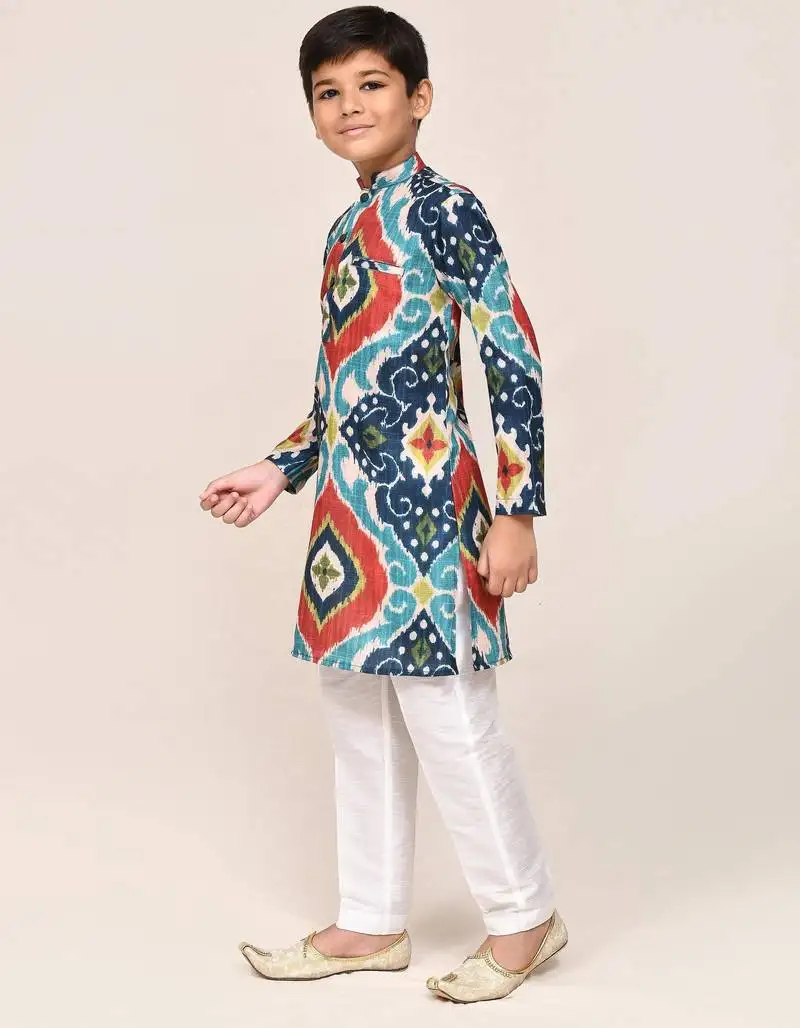 Kids boy multicolour pure cotton straight kurta pant set