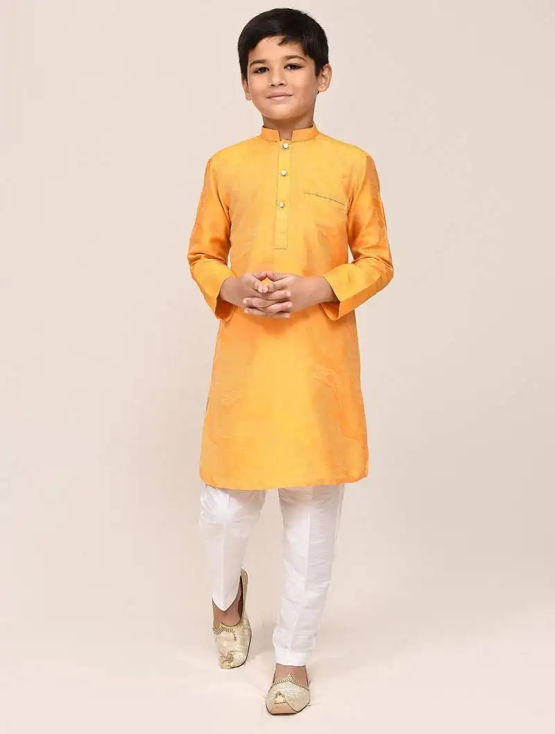 Kids boy yellow pure silk straight kurta pant set
