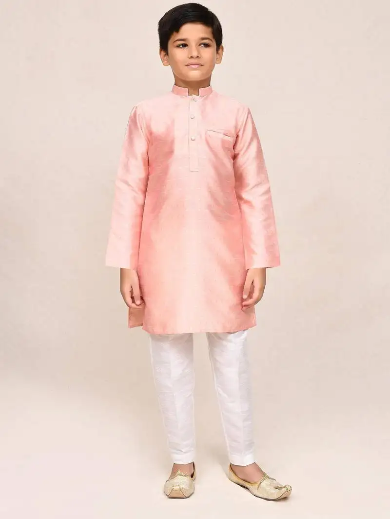 Kids boy peach silk straight kurta pant set