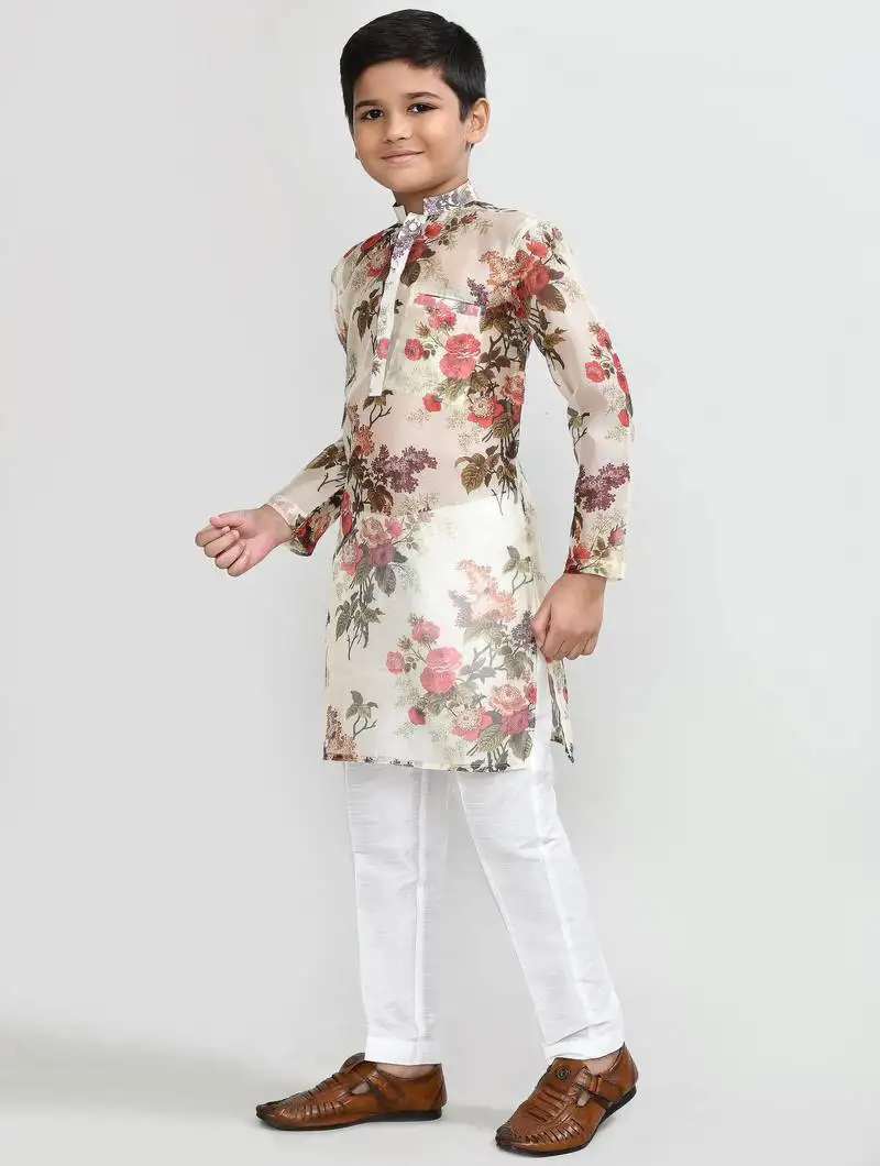 Kids boy musturd grorgette straight kurta pant set