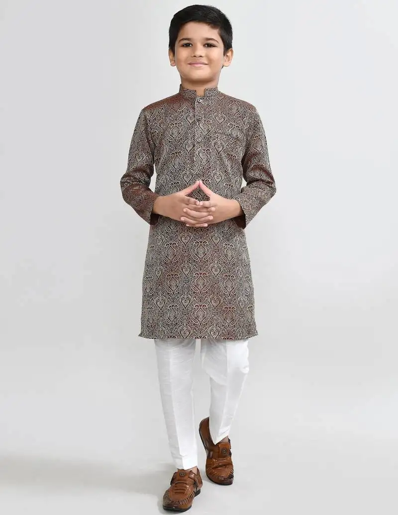 Kids boy maroon imported jacquard straight kurta pant set