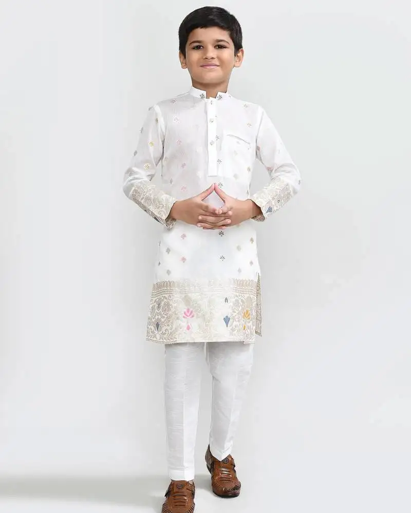 Kids boy white jacquard silk straight kurta pant set