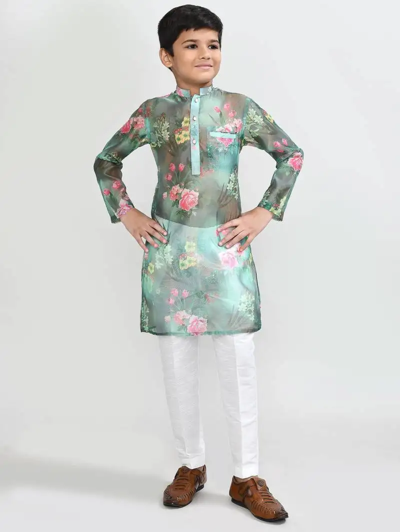 Kids boy green grorgette straight kurta pant set