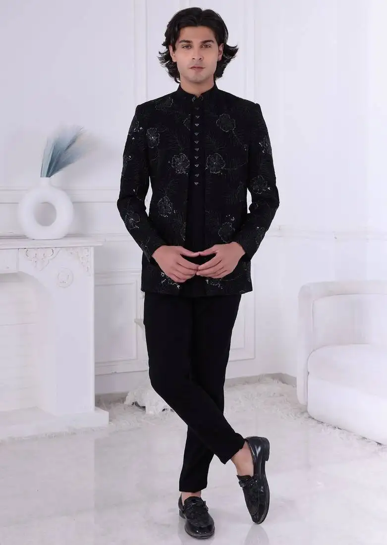 Black velet embroidered indo western for mens
