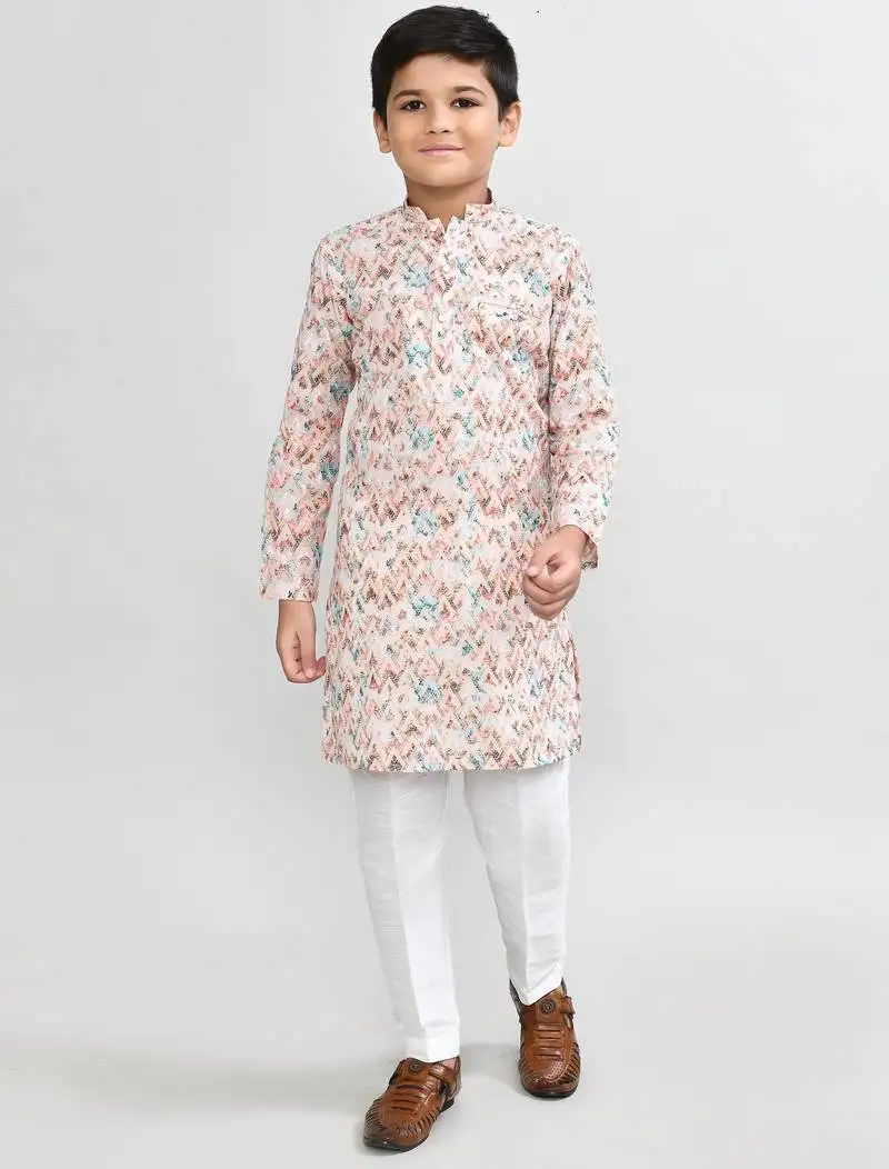 Kids boy multicolour cotton straight kurta pant set