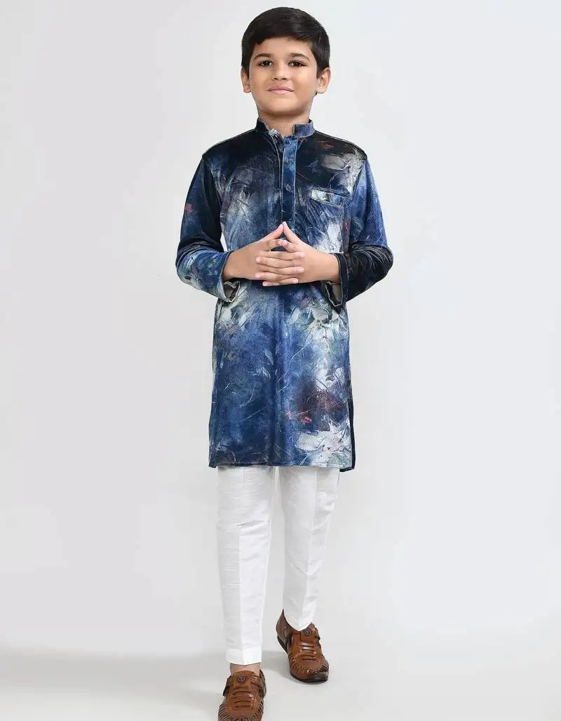 Kids boy teal blue velvet straight kurta pant set
