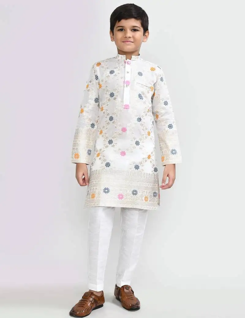 Kids boy off white silk straight kurta pant set