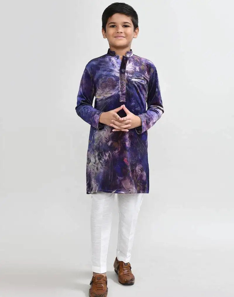 Kids boy purple velvet straight kurta pant set
