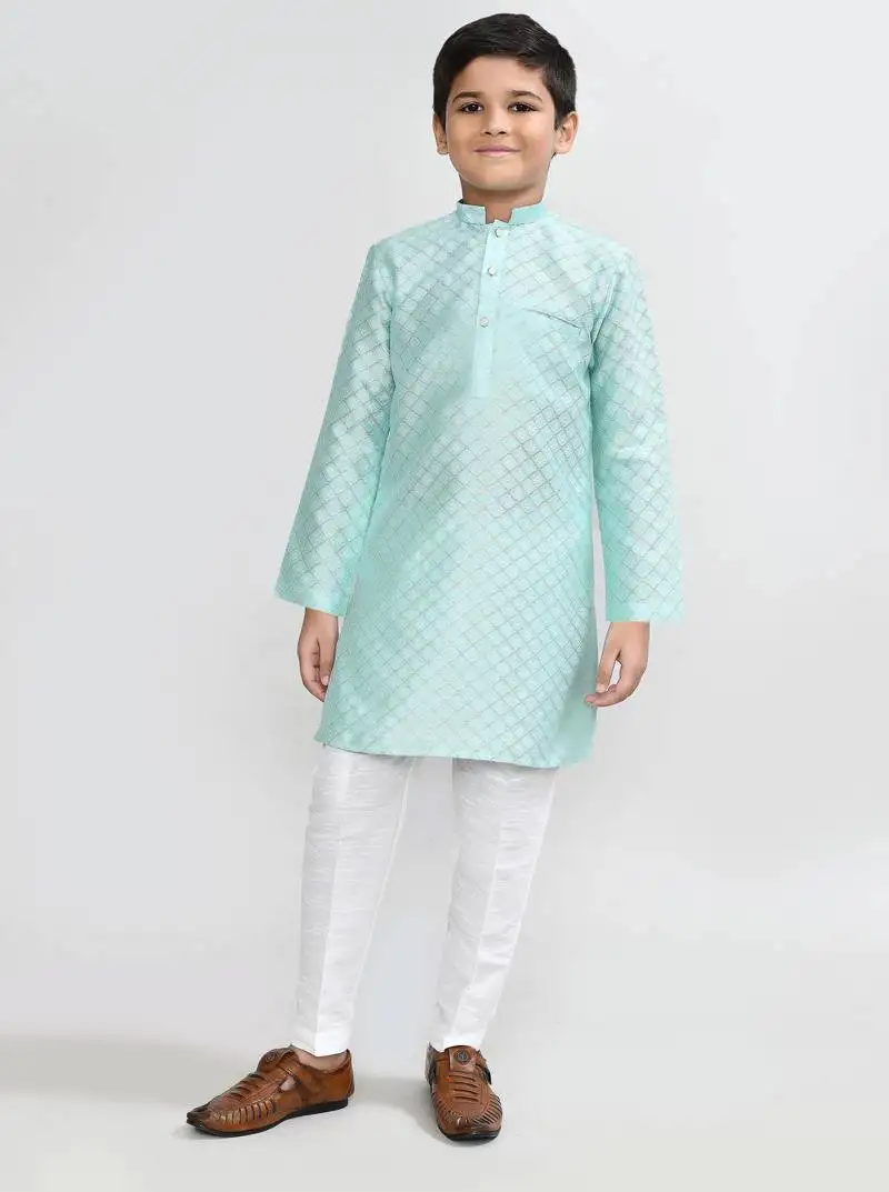 Kids boy pastel blue cotton silk straight kurta pant set