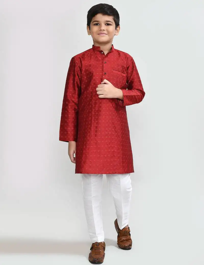 Kids boy red jacquard silk straight kurta pant set
