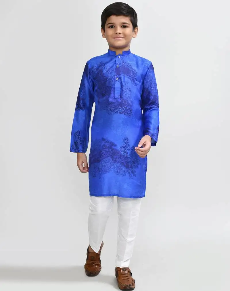 Kids boy royal blue cotton silk straight kurta pant set