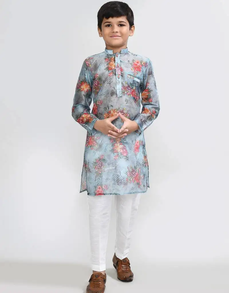 Kids boy multicolor georgette straight kurta pant set