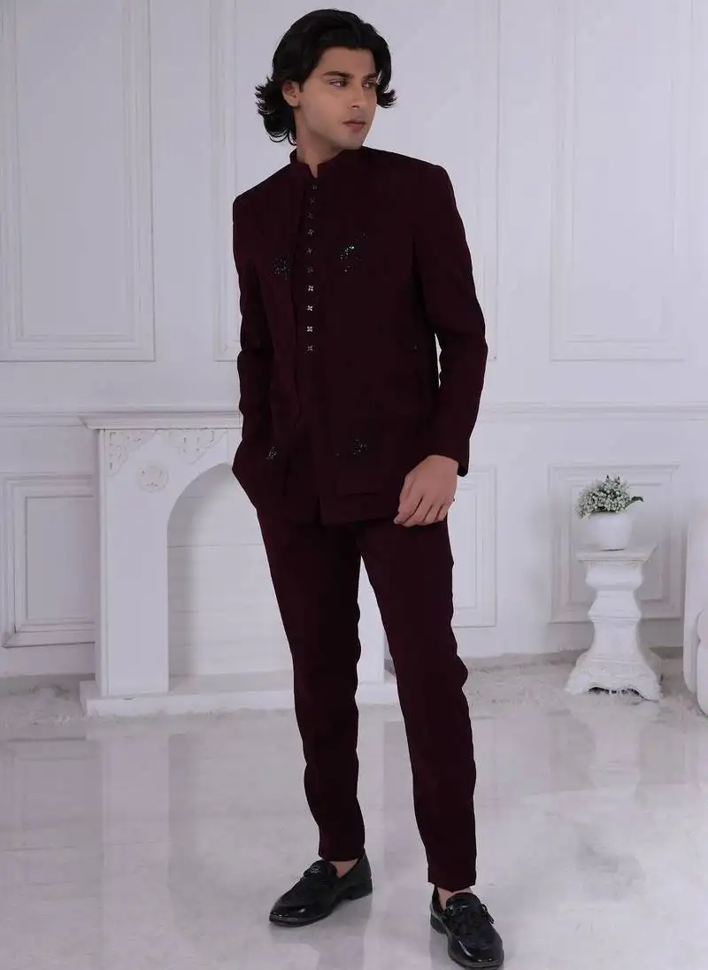 Maroon velet embroidered bandhgala for mens