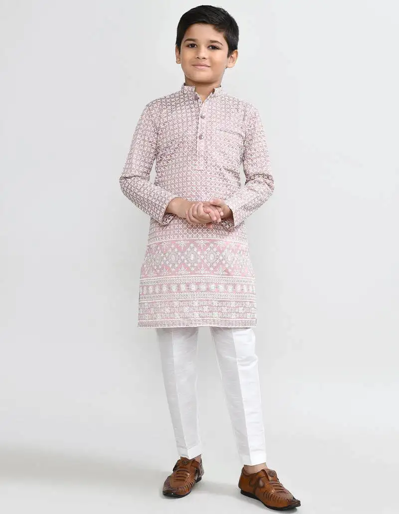 Kids boy onion pink art silk straight kurta pant set